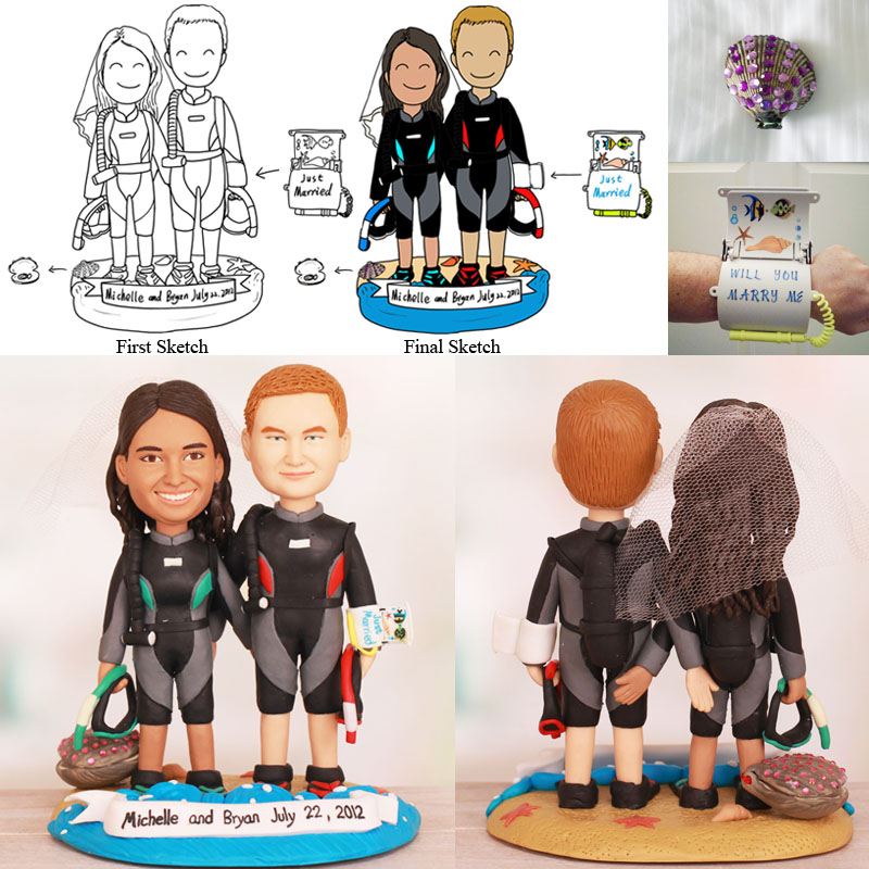 Scuba Diver Wedding Cake Topper with Ring Hidden in Seashell